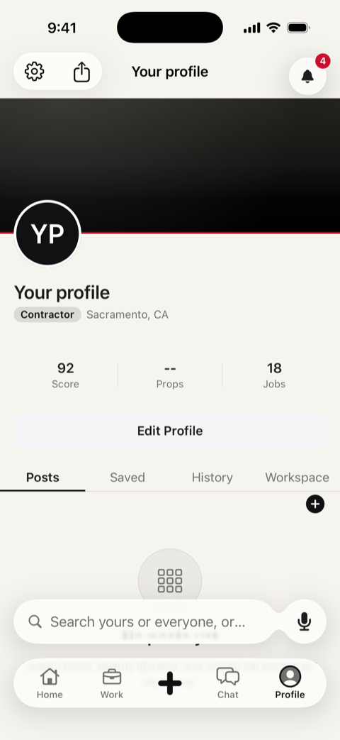 The contractor profile screen showing the Quotrr Score and verified Props.