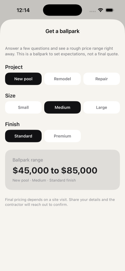 The customer magic-link portal showing a pool job proposal with line items, scope, and an accept action.